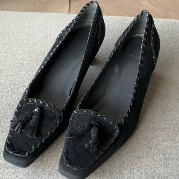 Stuart Weitzman Black Suede Tassel Kitten Heel Loafers - Picture 1 of 6